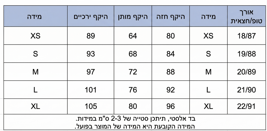 טבלת מידות
